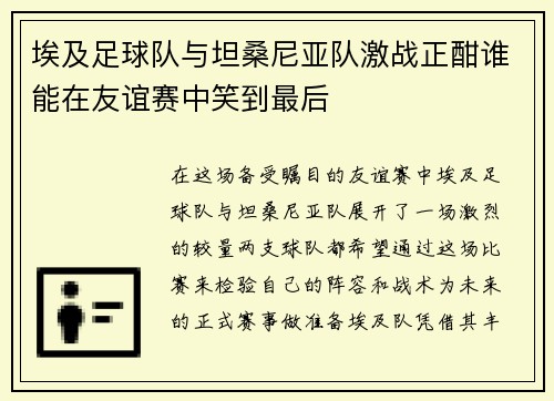 埃及足球队与坦桑尼亚队激战正酣谁能在友谊赛中笑到最后