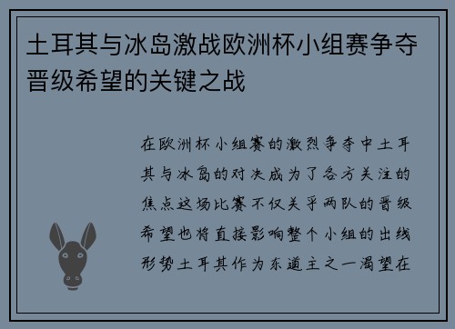土耳其与冰岛激战欧洲杯小组赛争夺晋级希望的关键之战